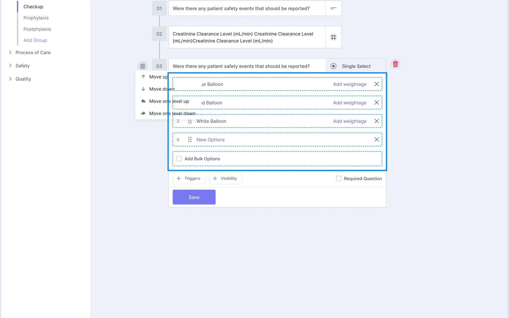 Health Checklist Management System — Checklist builder, with nested groups and mixed question types