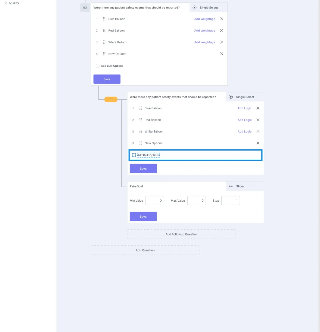 Health Checklist Management System — Branching logic: an answer option triggers a follow-up question