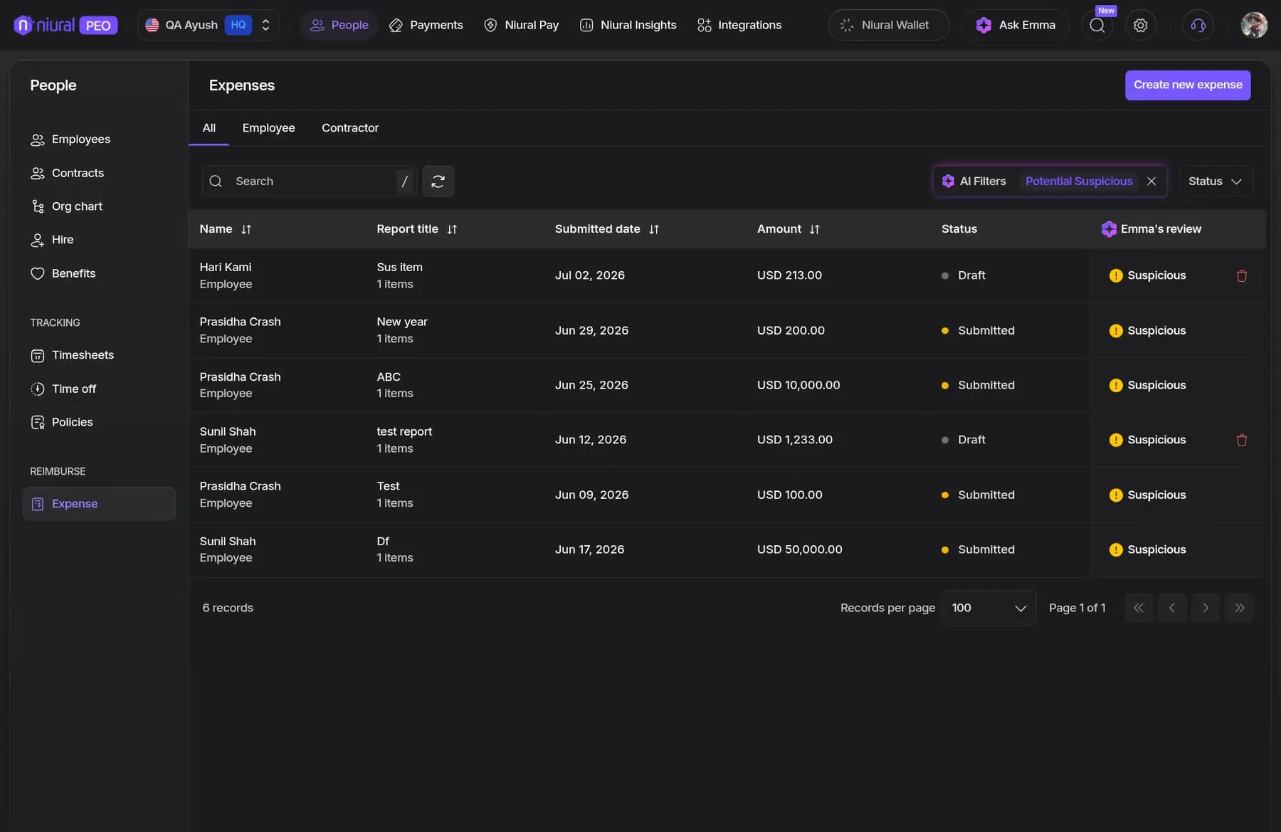 AI-Native Payroll & HR Platform — An AI filter surfaces 6 flagged reports out of 180 rows