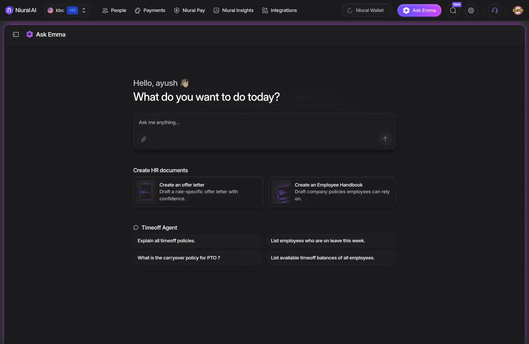 AI-Native Payroll & HR Platform — Ask Emma: an intent-first prompt surface with agent suggestions