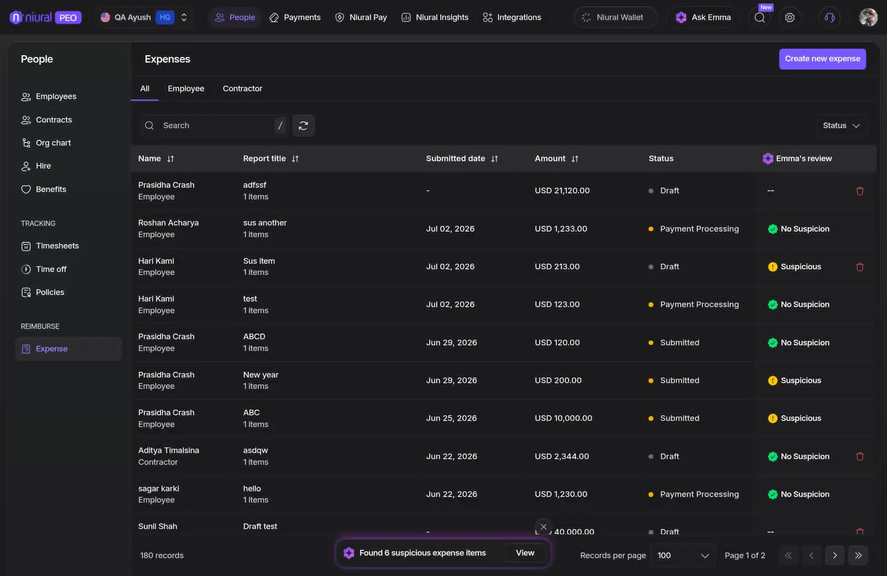 AI-Native Payroll & HR Platform — The review column flags suspicious expenses inside the table