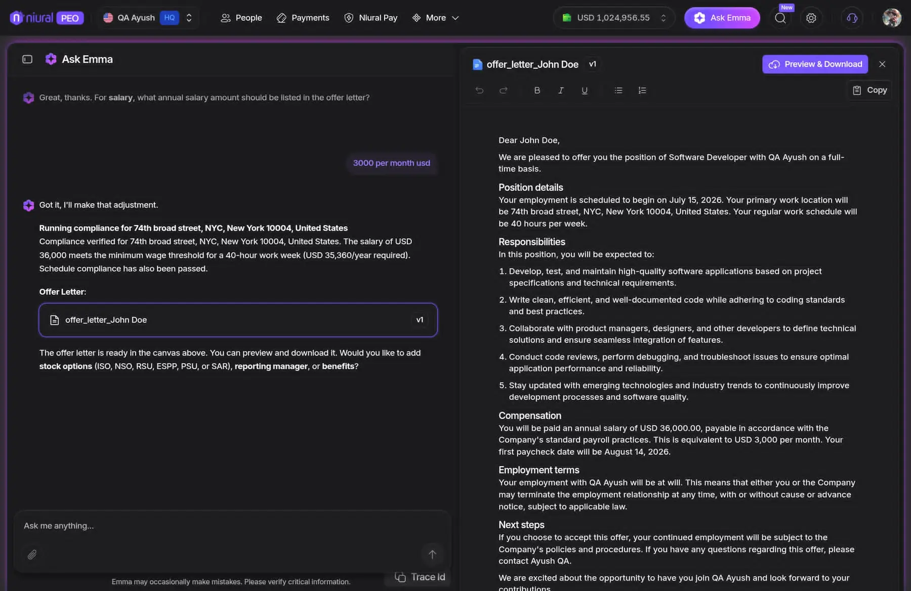 AI-Native Payroll & HR Platform — Offer letter by conversation, with a live compliance check and a versioned document canvas