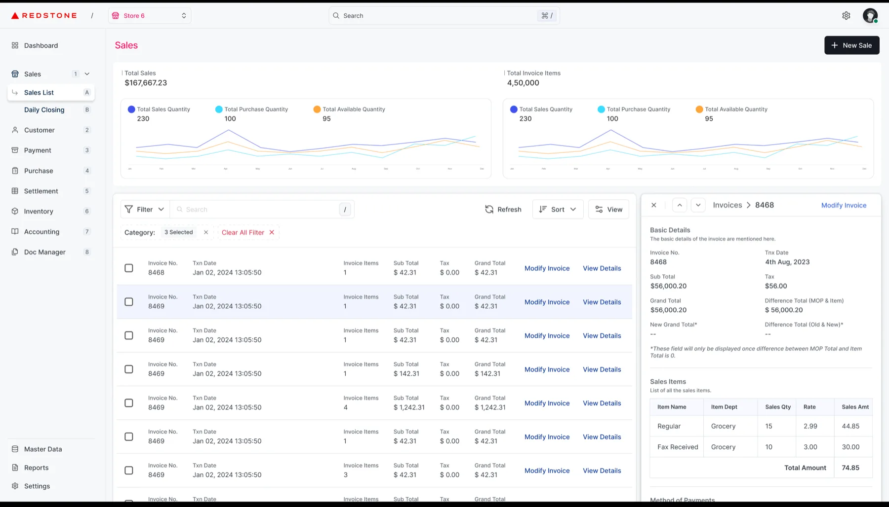 Redstone: AI Back Office for Retail & Fuel — Sales list with the invoice inspector and payment-versus-item reconciliation