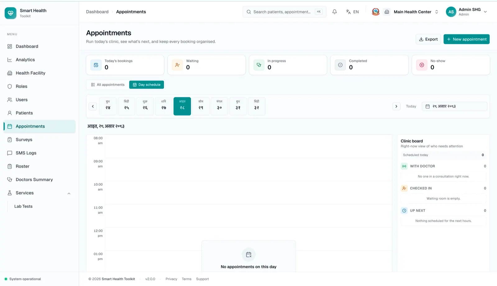 Telehealth Platform — Appointments and the day's clinic board