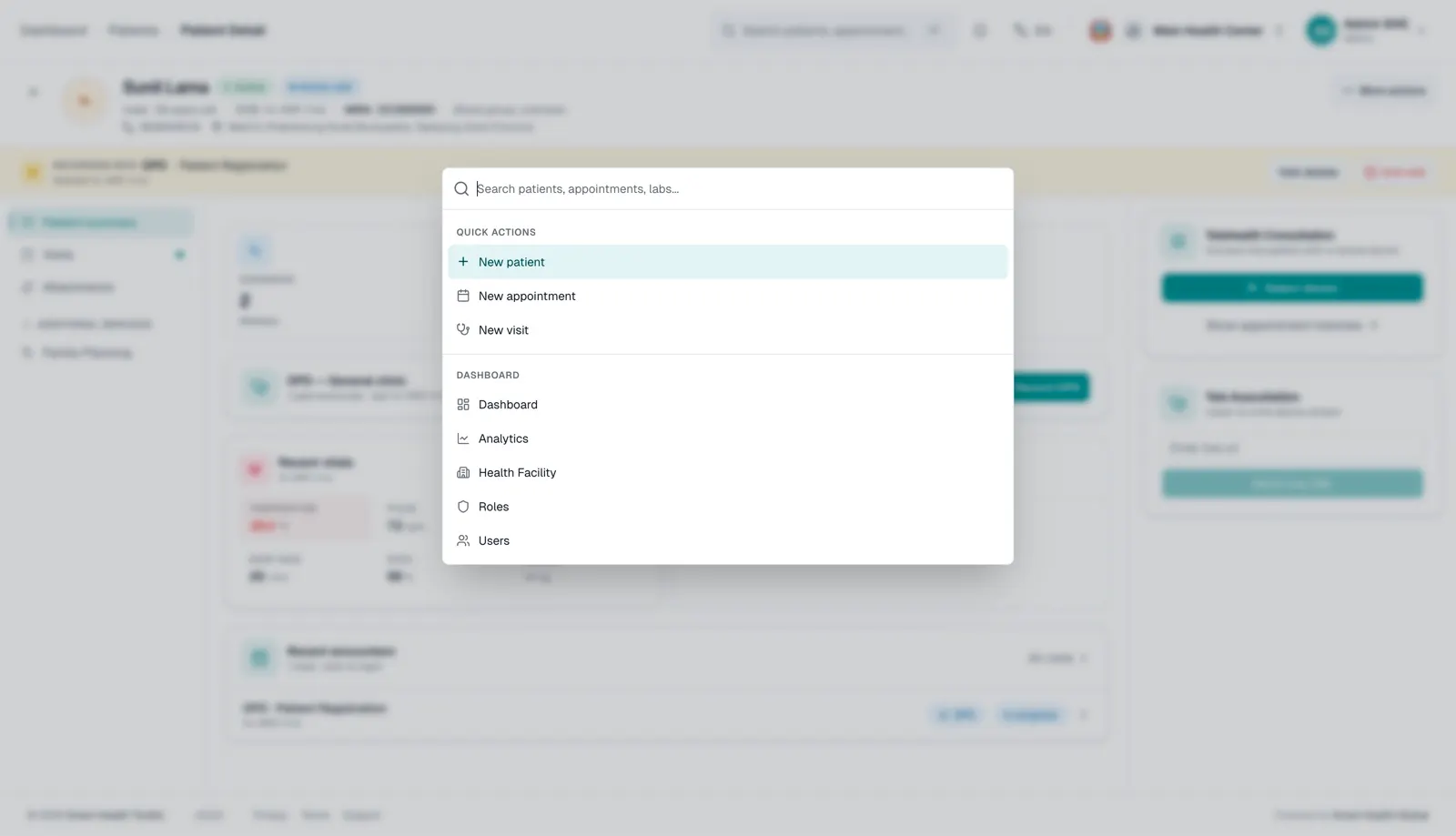 Telehealth Platform — Command palette for quick actions across the app