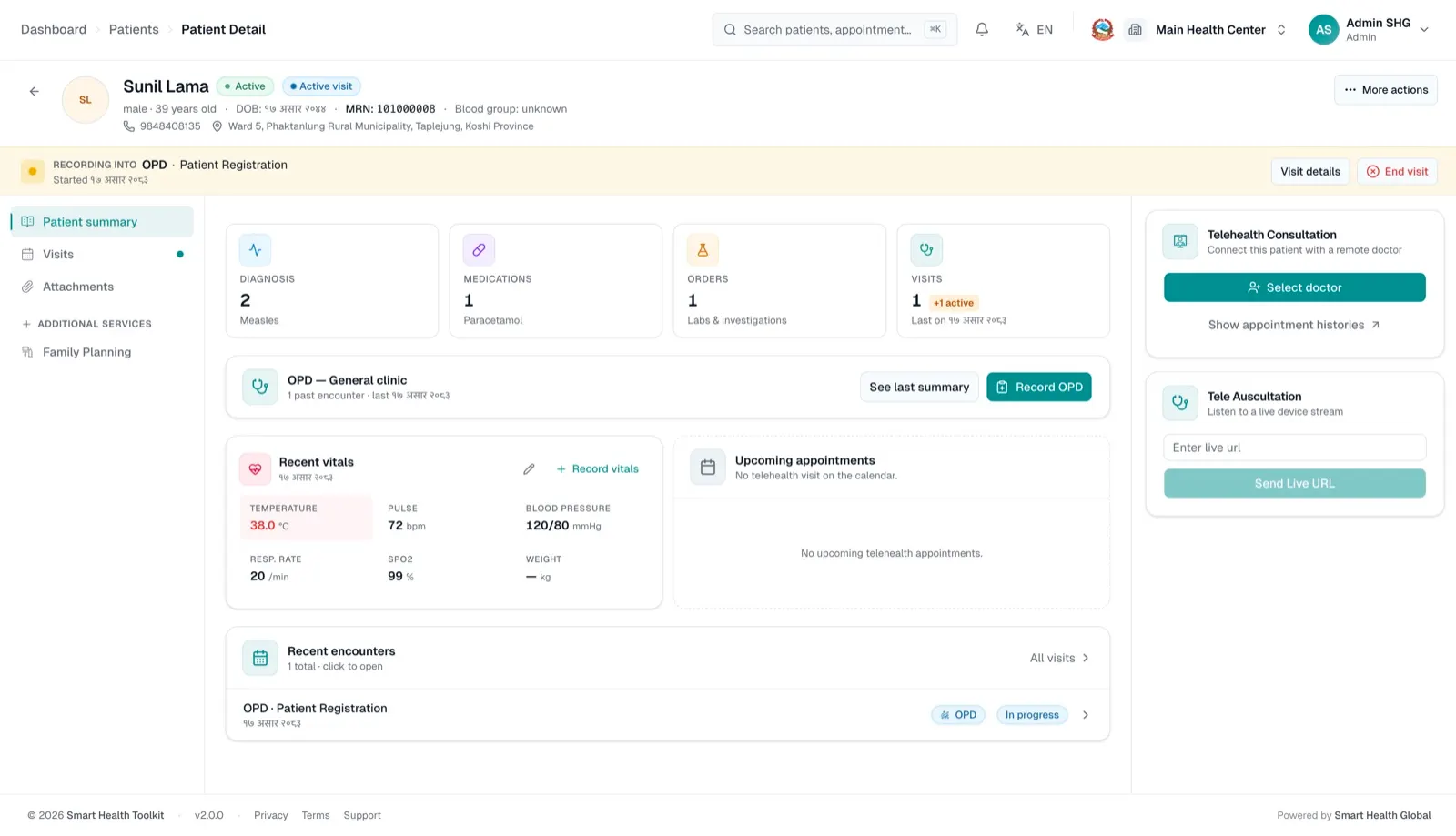 Telehealth Platform — Patient record with telehealth consultation and tele-auscultation